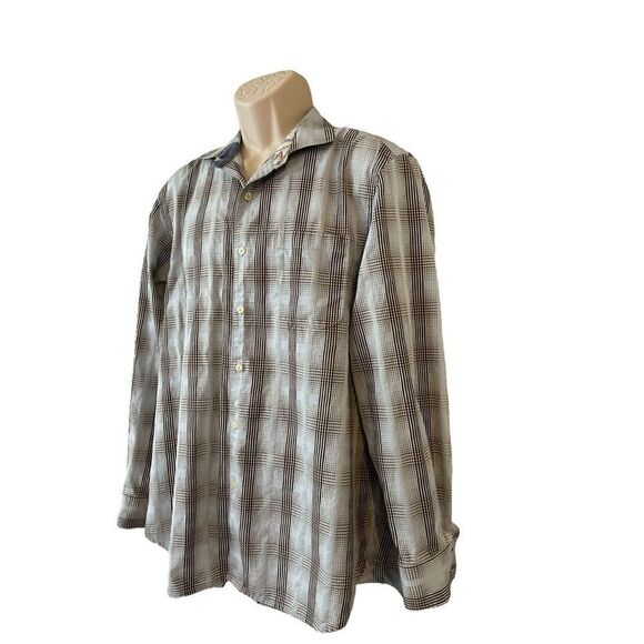 Mens Tommy Bahama Plaid Button Up Flip Cuff Shirt - size L Blue / Gray - Picture 2 of 15